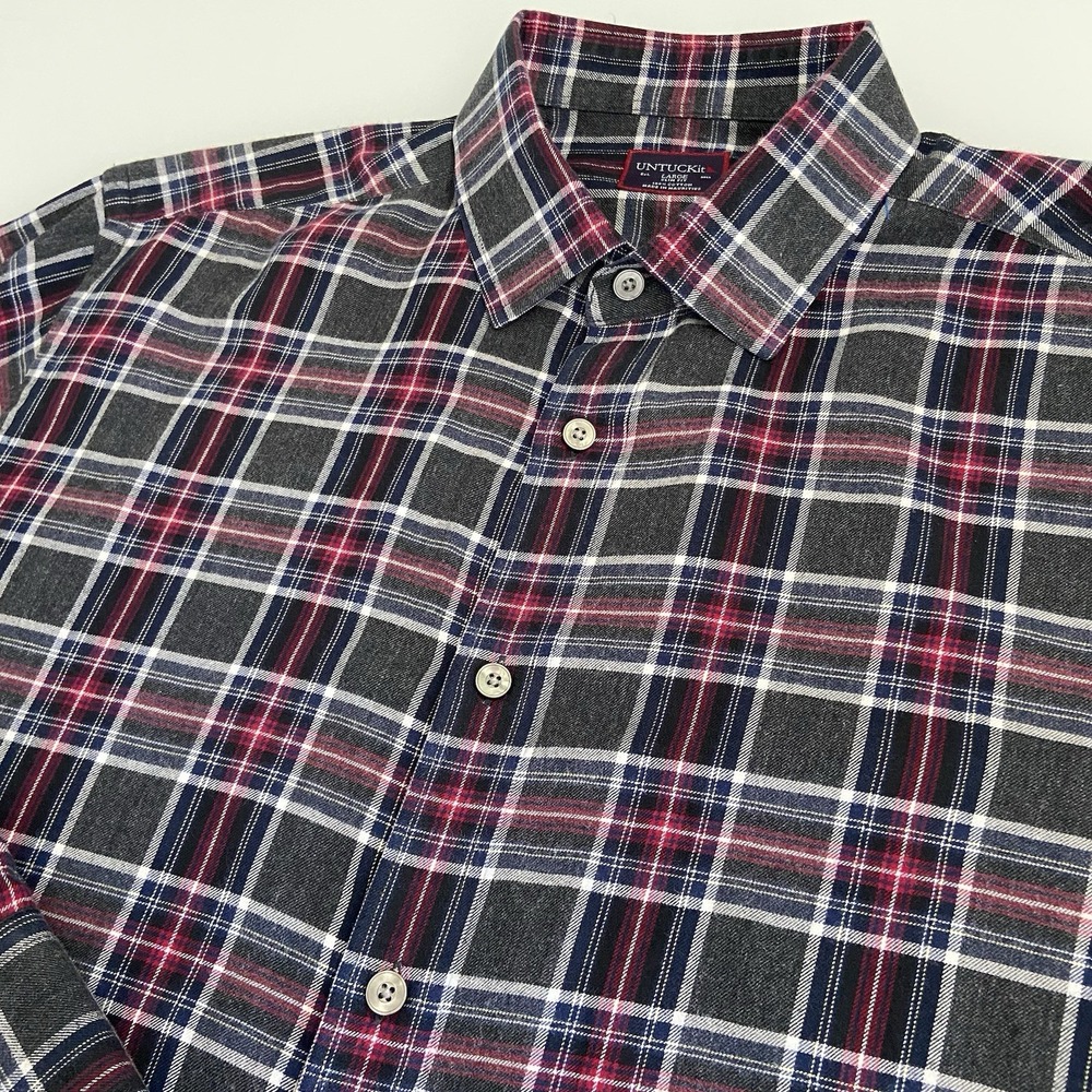 Untuckit Men's Large Slim Fit Cotton Button Down Shirt Grey Red Plaid‎ LS